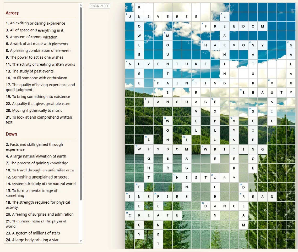 Crossword editor showing the Across and Down clue list beside a themed grid